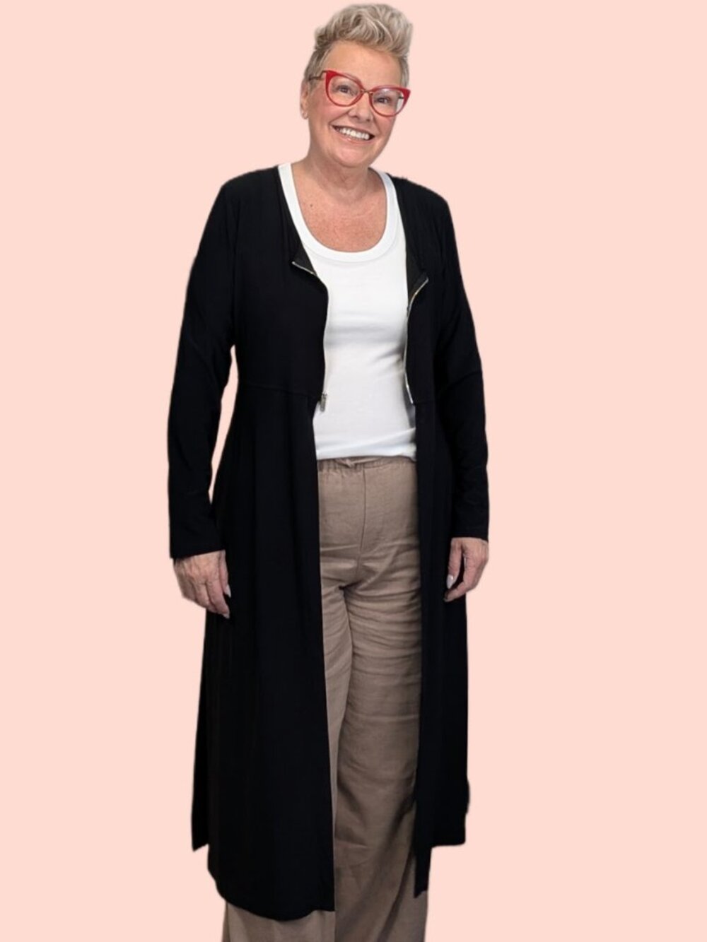 Compli K Black Long Zip Front Duster Cardigan Size Large